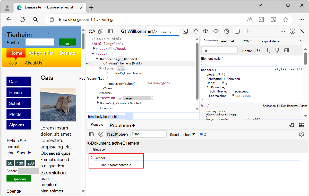 Das fokussierte Element als neue Variable im Konsolentool