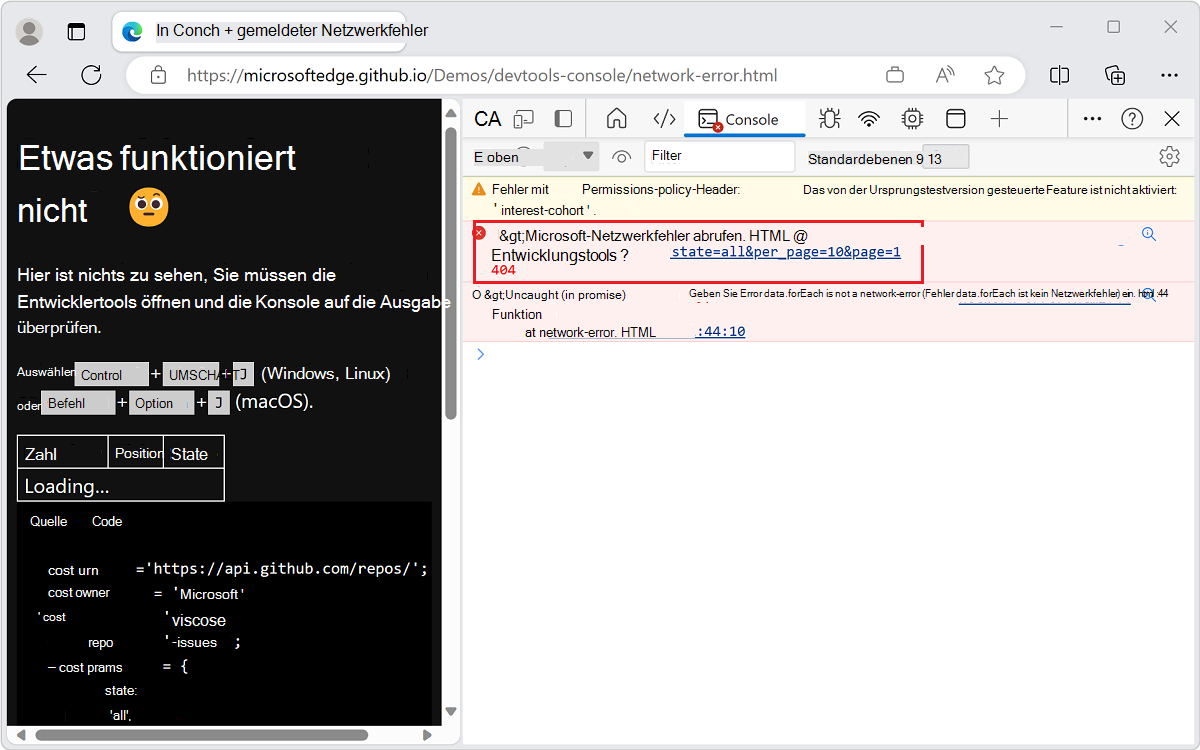Die Konsole zeigt einen HTTP-status Code des Fehlers an, nachdem eine Ressource nicht geladen wurde.