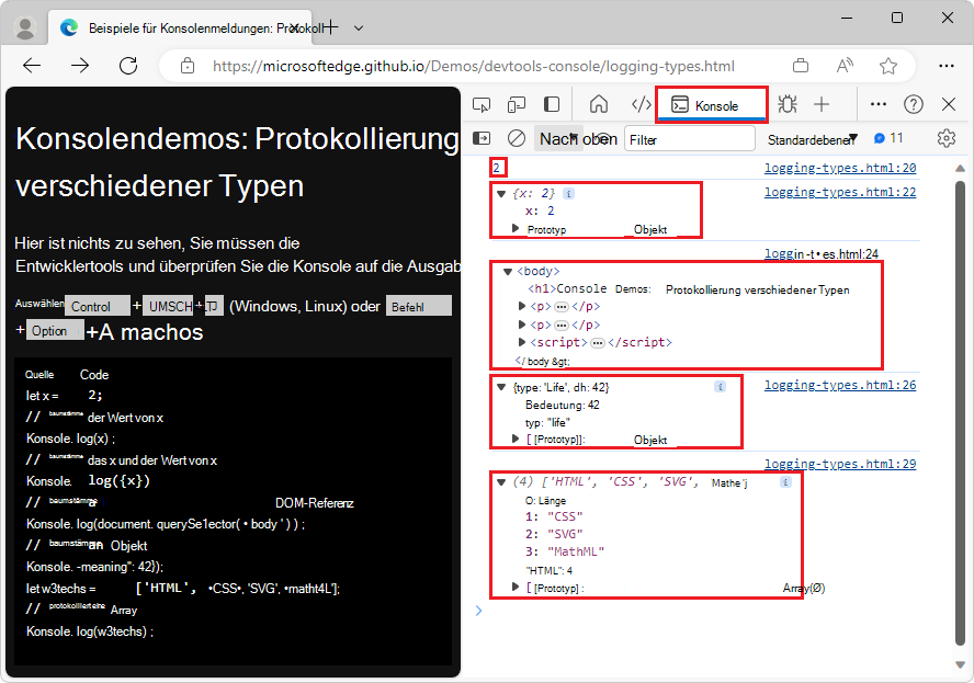 Protokollvariablen unterschiedlicher Typen in der Konsole mit erweiterten zusätzlichen Informationen