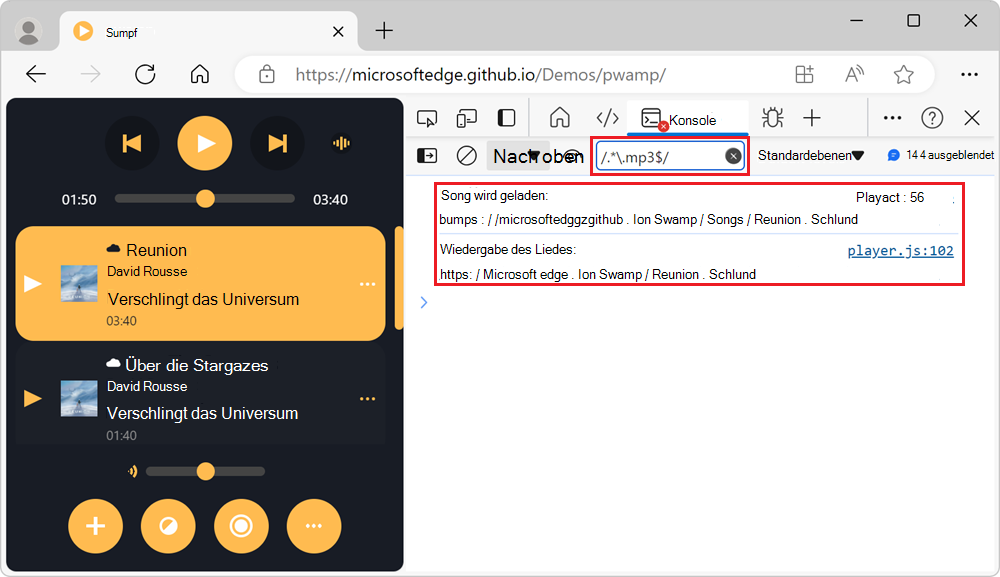 Die gefilterte Liste von Nachrichten basierend auf dem regulären Ausdruck