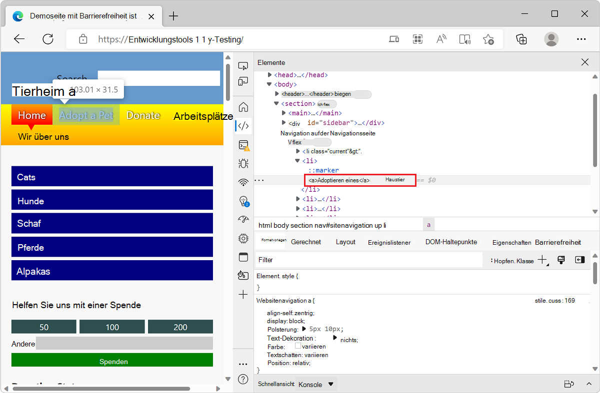 Microsoft Edge mit der Demo-App für die TODO-Liste und DevTools mit dem Tool 