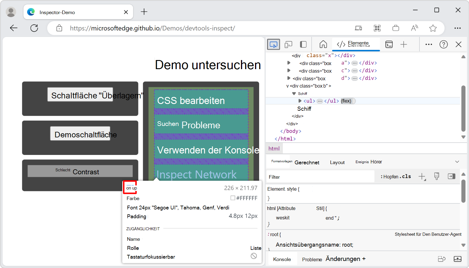 Ein Element, das CSS-Flexbox verwendet, verfügt neben seinem Namen in der Überlagerung 