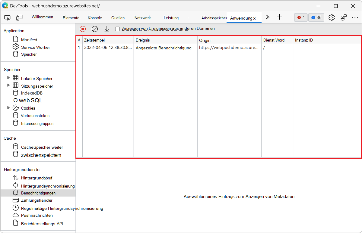 Ein Ereignisprotokoll im Bereich 