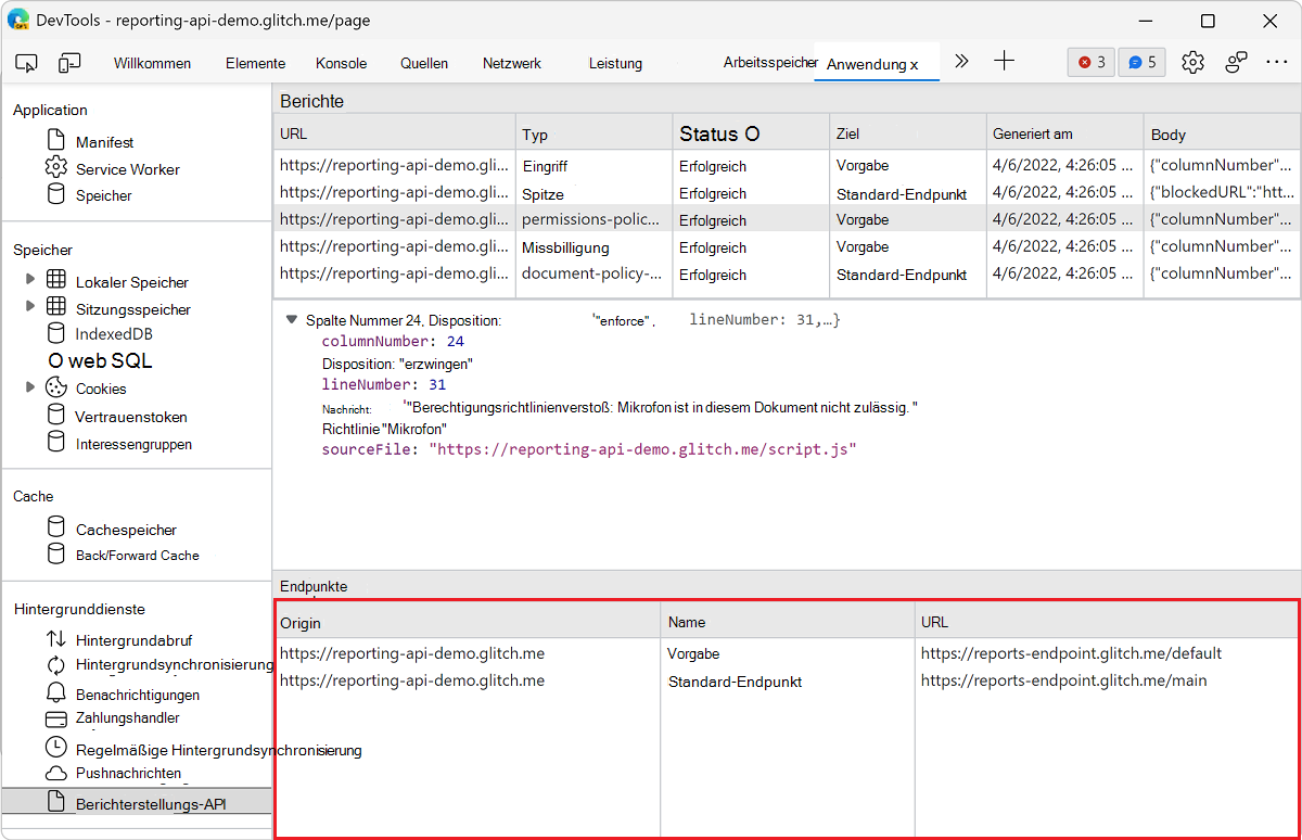 Anzeigen der Liste der Berichtsendpunkte im Berichterstellungs-API-Bereich