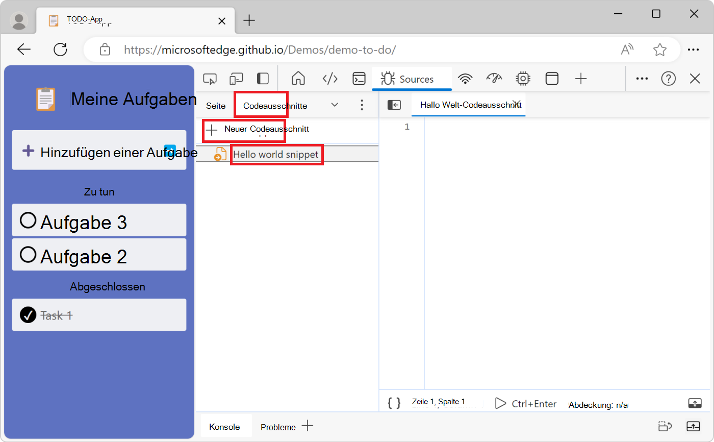 Ein neuer, leerer Codeausschnitt im Quellentool