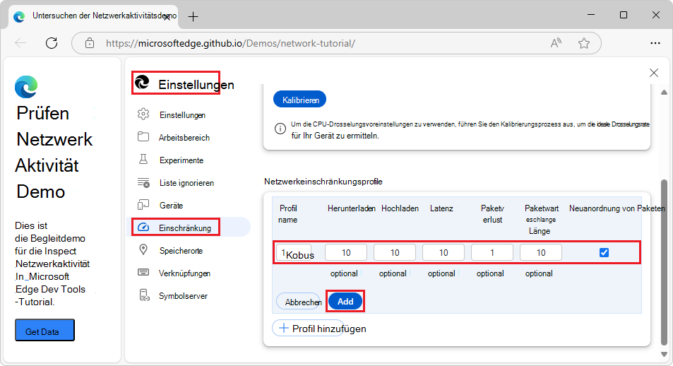 Erstellen eines benutzerdefinierten Drosselungsprofils in devTools > Settings > Drosselung