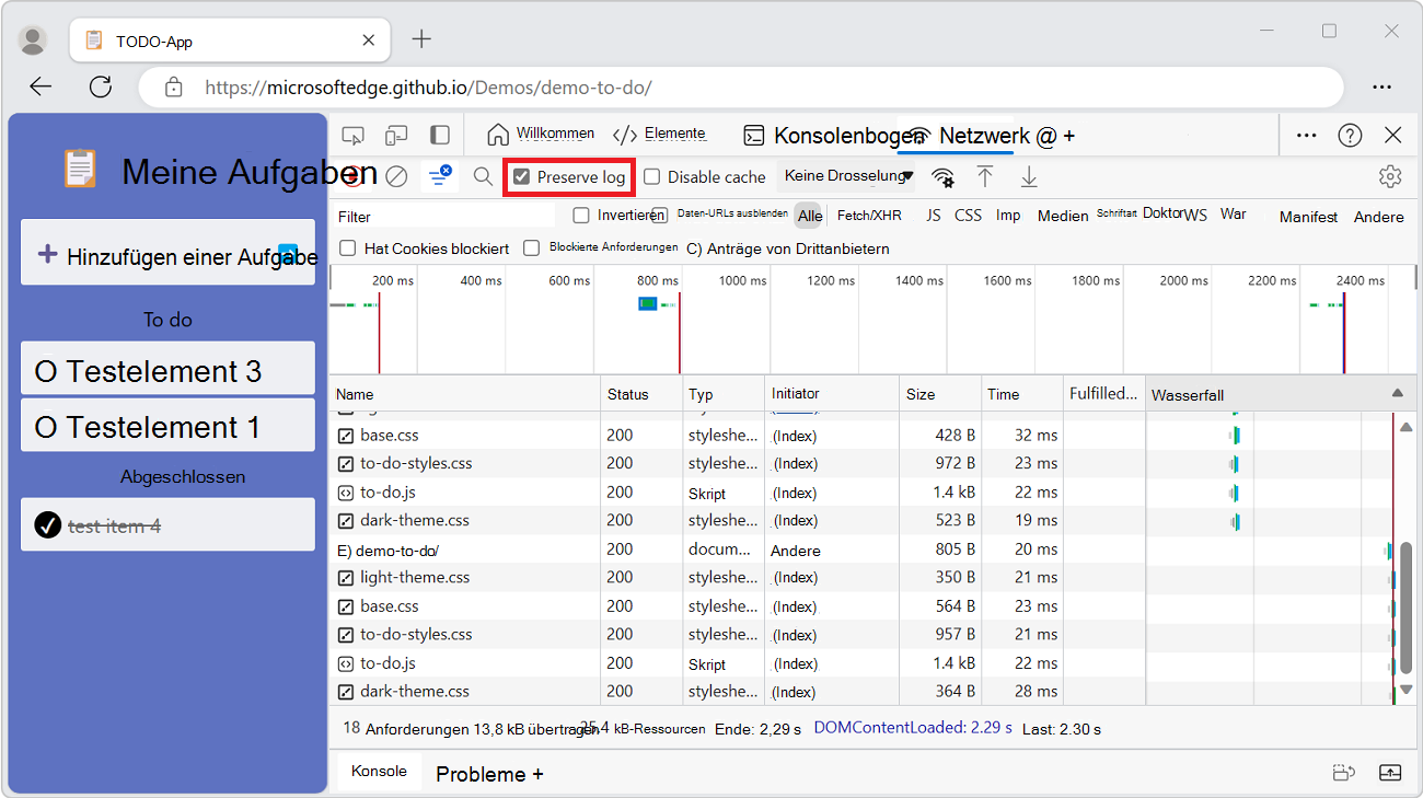 Das Kontrollkästchen Protokoll beibehalten