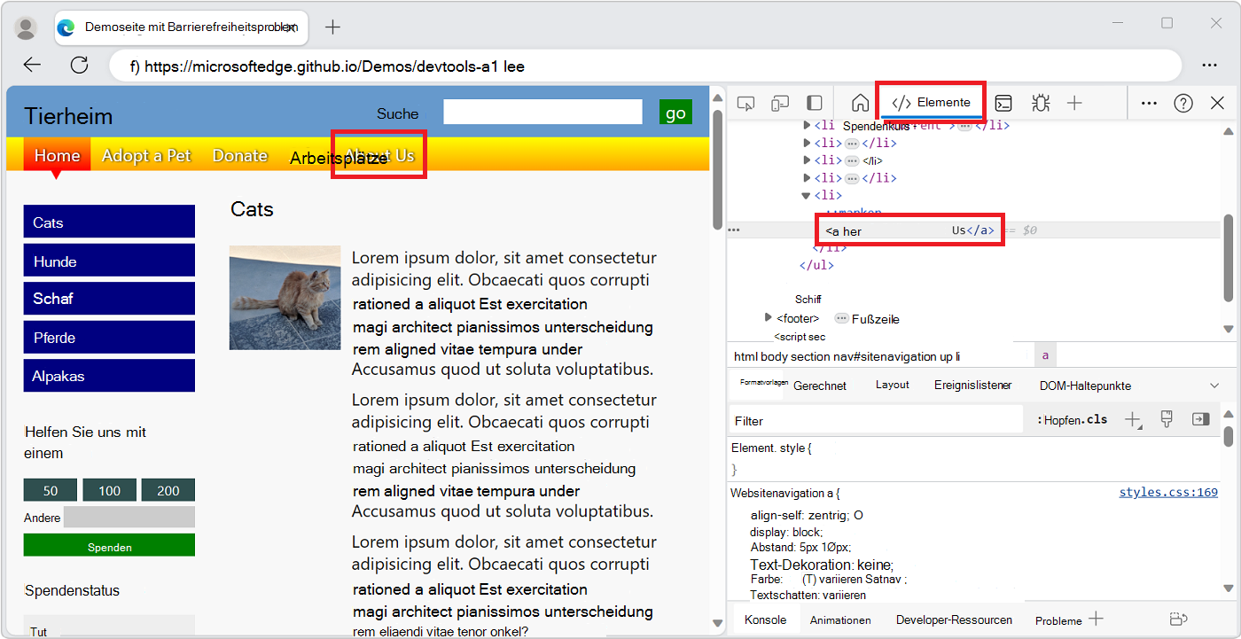 DevTools auf der rechten Seite von Microsoft Edge geöffnet, wobei ein DOM-Element in der DOM-Struktur im Tool Elemente ausgewählt ist