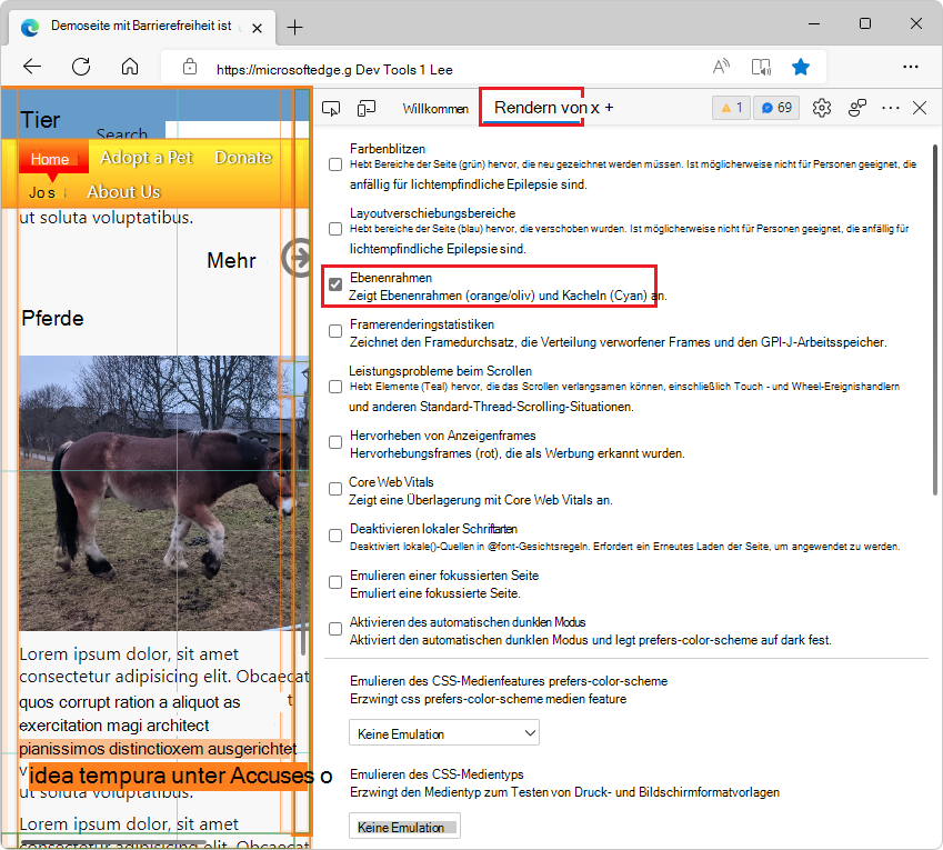 Das Renderingtool mit aktiviertem Kontrollkästchen 