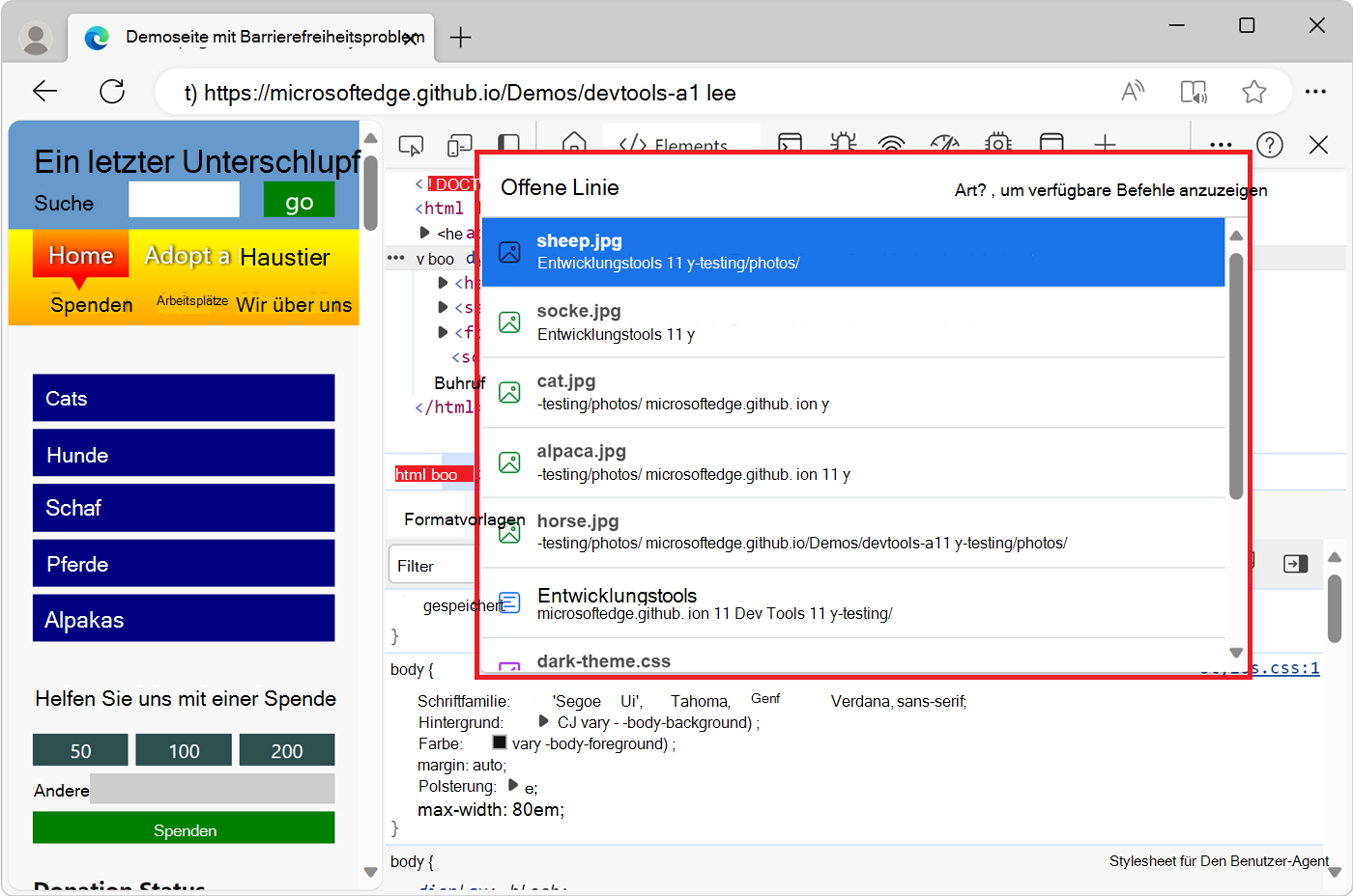 Das Befehlsmenü, in dem die Liste Datei öffnen angezeigt wird