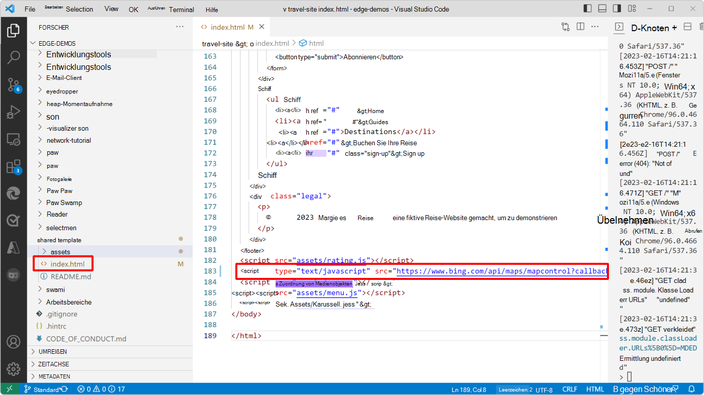 Visual Studio Code mit dem index.html Code und dem Bing-Kartenskripttag