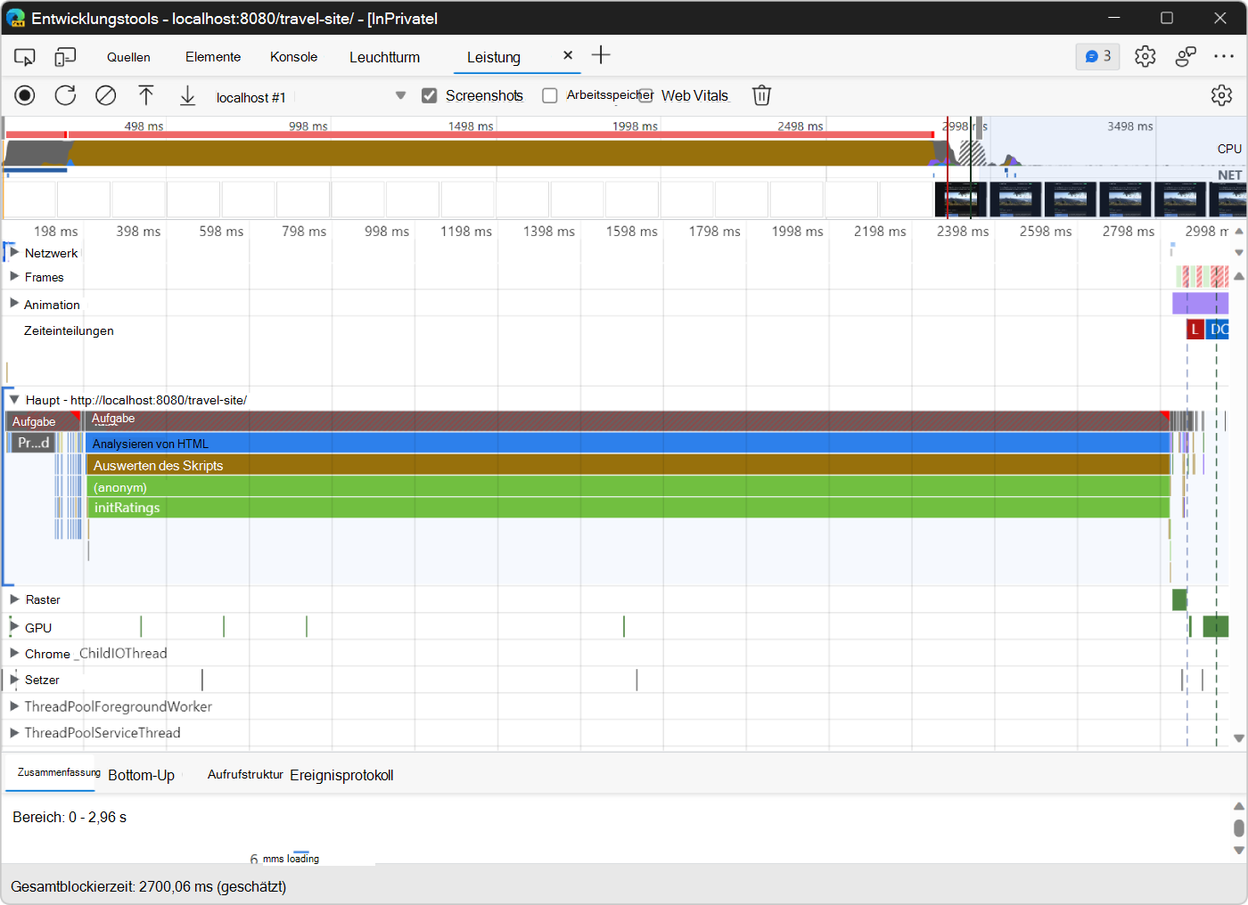 Die Leistungstool-Ablaufverfolgung des Seitenladevorgangs