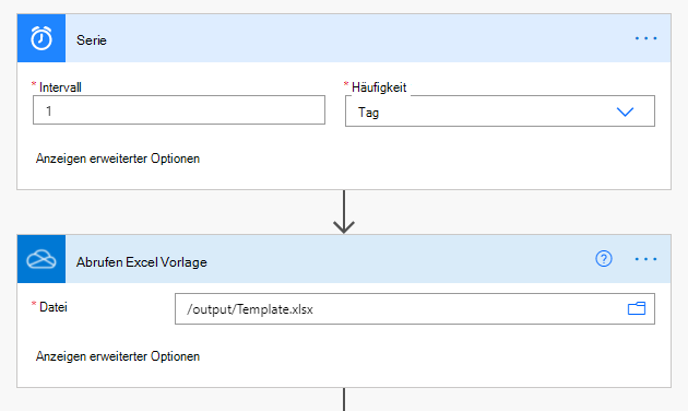 Der abgeschlossene OneDrive for Business Connector im Aktionsaufgabenbereich, der in Excel-Vorlage abrufen umbenannt wurde.