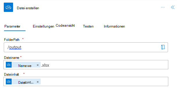 Der abgeschlossene Schritt Datei erstellen im Aktionsaufgabenbereich.