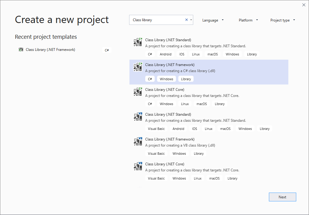 Suchen nach Klassenbibliothek (.NET Framework).
