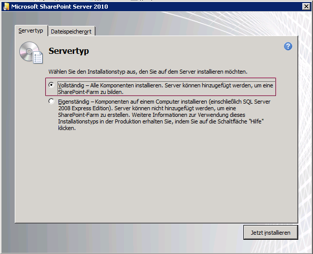 Dialogfeld 'Servertyp' in SharePoint-Setup