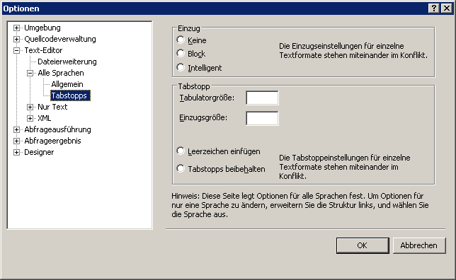 Dialogfeld für das Anzeigeformat der Registerkarten