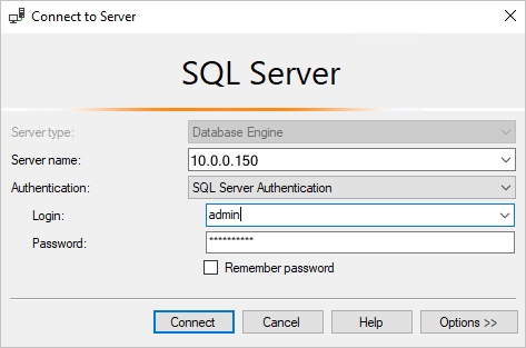 Screenshot von SQL Server Management Studio: Herstellen einer Verbindung mit SQL-Datenbankserver.