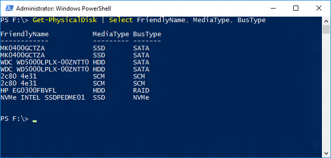 Screenshot eines Windows&nbsp;PowerShell-Fensters mit der Ausgabe des Get-PhysicalDisk-Cmdlets