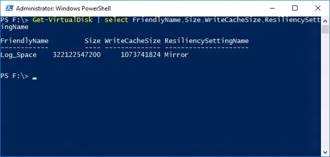 Screenshot eines Windows&nbsp;PowerShell-Fensters mit der Ausgabe des Get-VirtualDisk-Cmdlets
