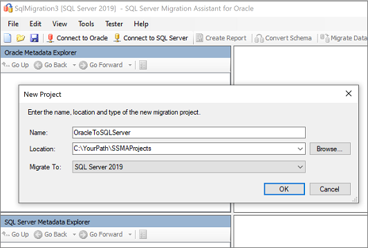 Screenshot des Bereichs „Neues Projekt“ in SSMA für Oracle