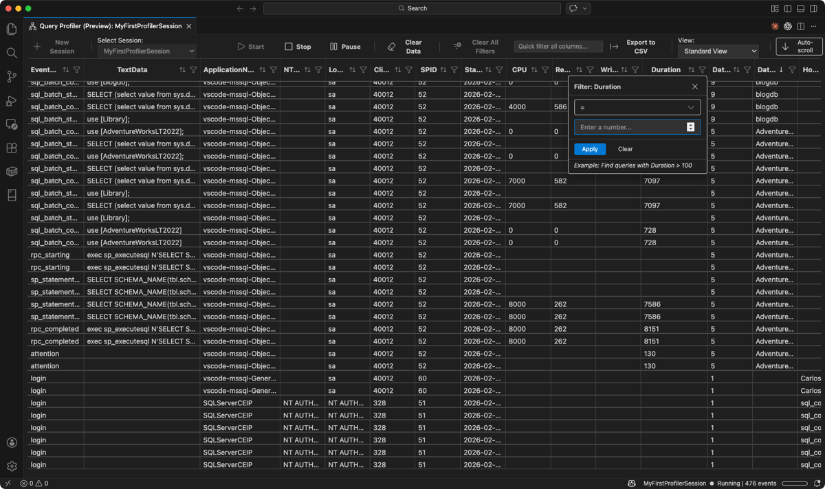 Screenshot des Spaltenfilters 