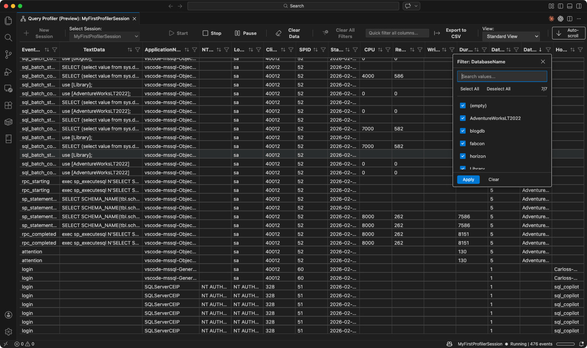 Screenshot des Spaltenfilters 