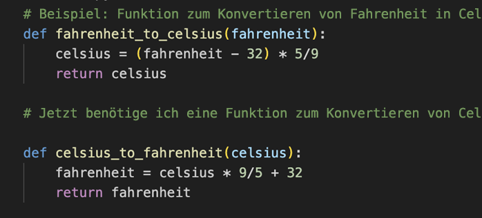 Screenshot: Verwendung eines Beispiels zum Erstellen von ähnlichem Temperaturkonvertierungscode durch Copilot