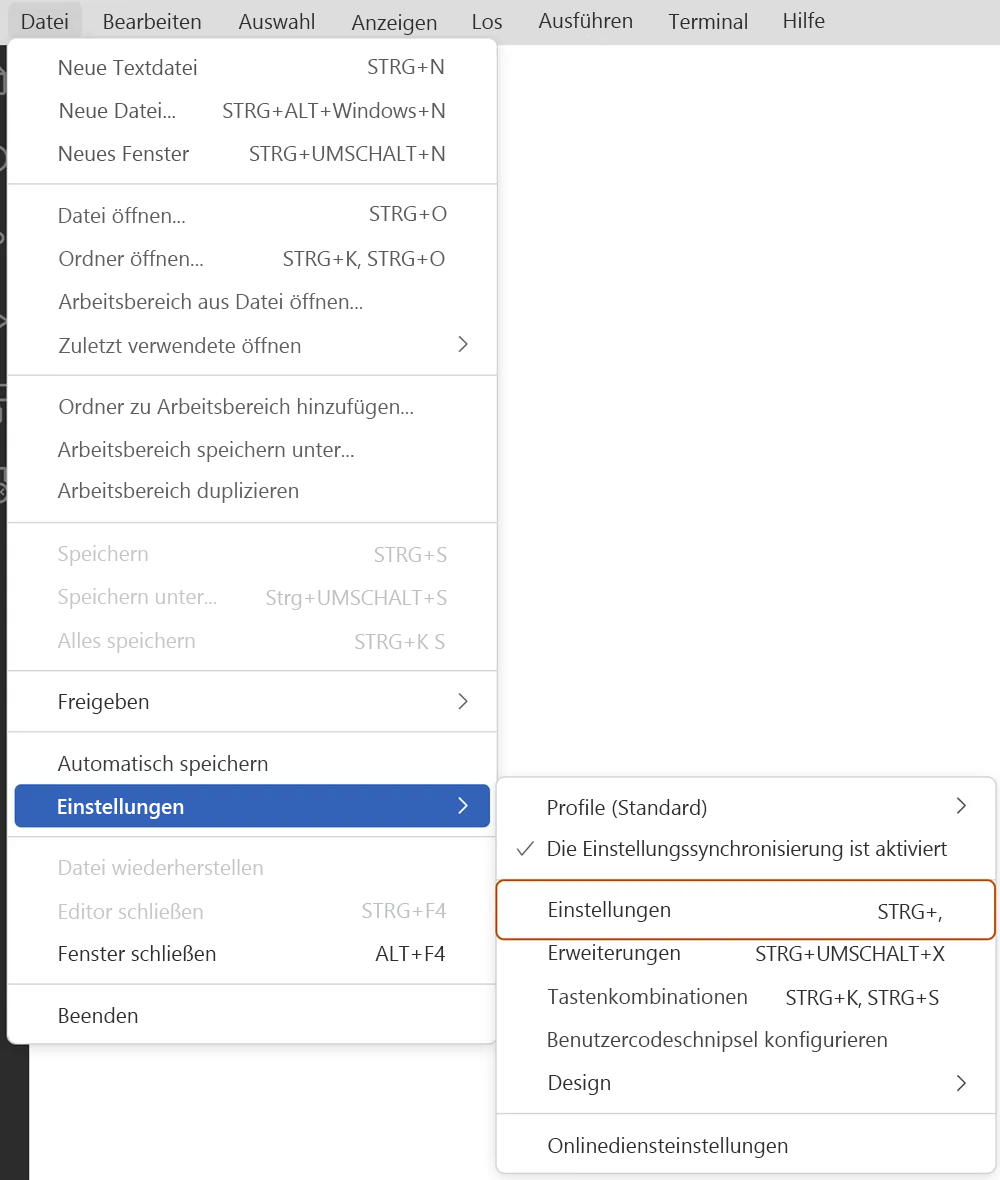 Screenshot des Menüs „Datei“ in Visual Studio Code Das Dropdownmenü „Einstellungen“ wird geöffnet, in dem der Befehl „Einstellungen“ bereits ausgewählt ist.