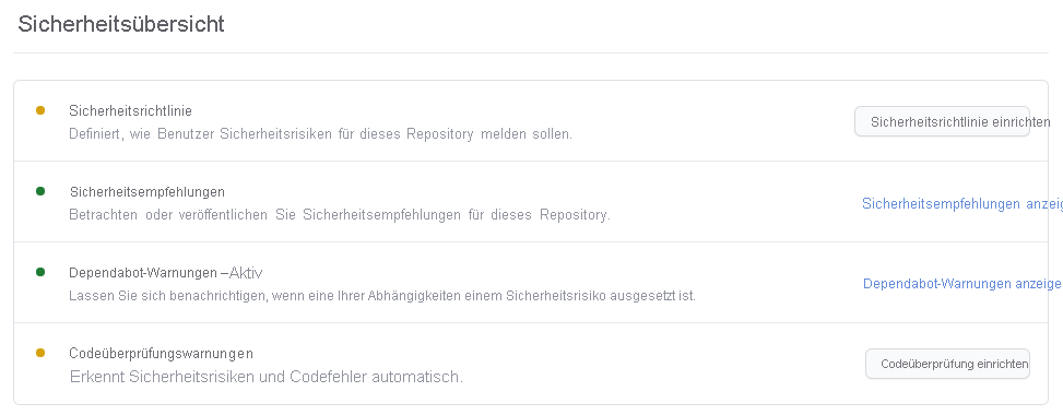 Screenshot einer Liste von Richtlinien, Empfehlungen und Warnungen mit Links zu weiteren Informationen.