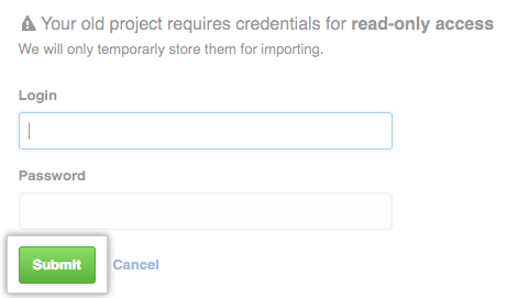 Screenshot der Position, an der Sie die Anmeldeinformationen für Ihr altes Repository eingeben müssen. Importer.