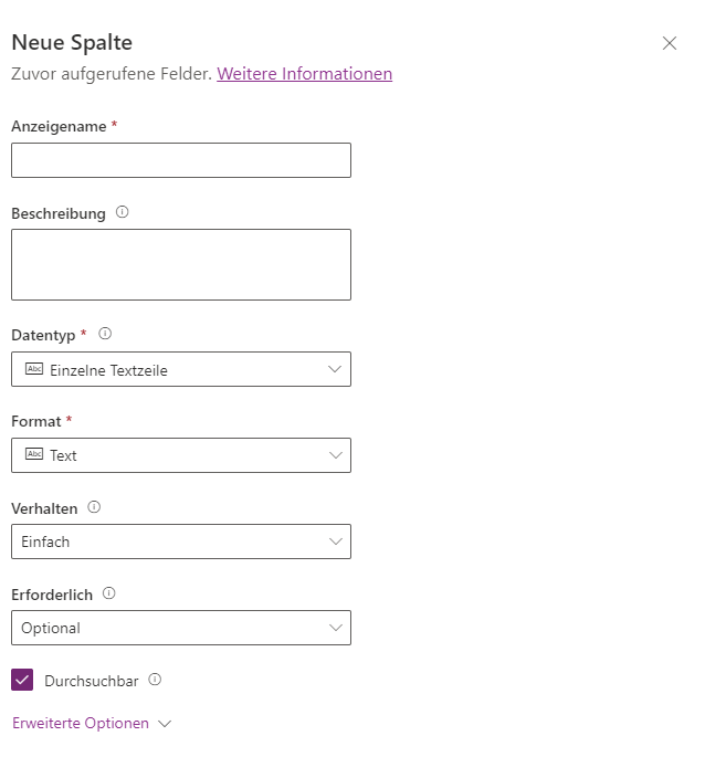 Screenshot der Spalteneigenschaften im Dialogfeld „Spalte erstellen“