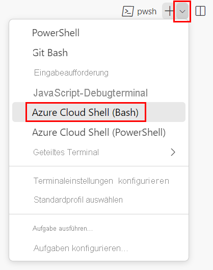 Screenshot des Visual Studio Code-Terminalfensters mit dem Dropdownmenü für die Terminalshell und der ausgewählten Option „Git Bash (Standard)“