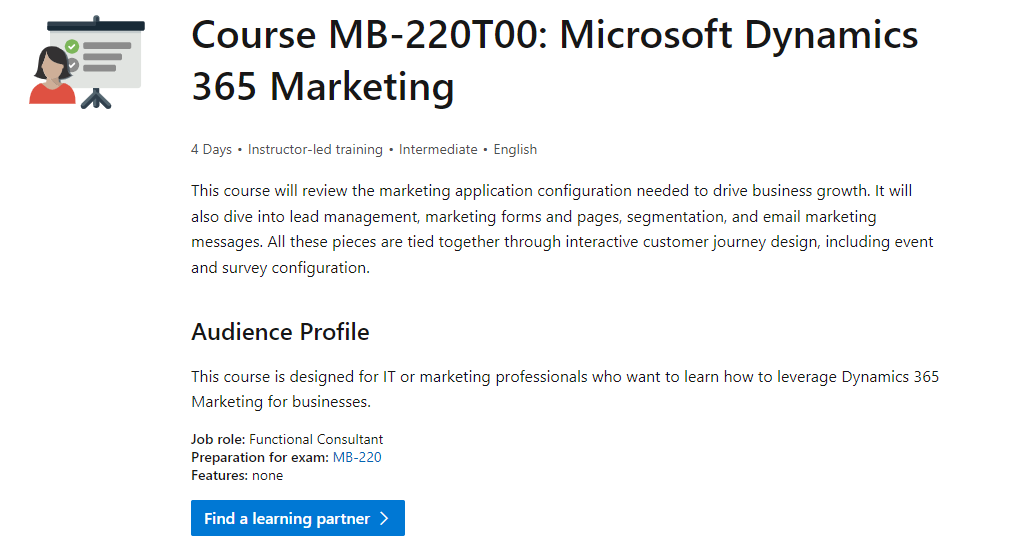 Screenshot der Detailseite von Kurs MB-220T00: Microsoft Dynamics 365 Marketing