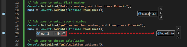 Screenshot, der zeigt, wie Sie einen Datentipp anheften und an eine beliebige Position auf der Code-Editor-Oberfläche verschieben.