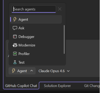 Screenshot mit der Agentenauswahl und benutzerdefinierten Agenten in Visual Studio.