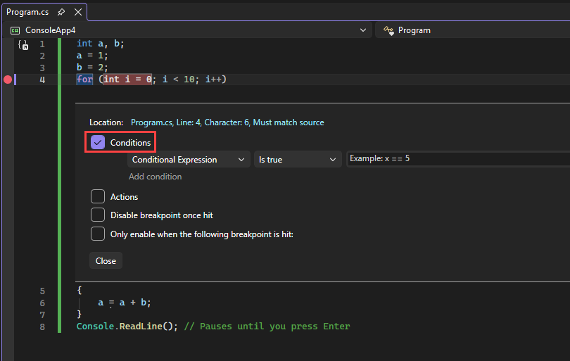 Screenshot der Haltepunkteinstellungen.
