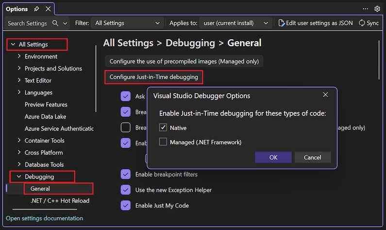 Screenshot, der zeigt, wie Sie just-In-Time Debugging in Visual Studio konfigurieren.