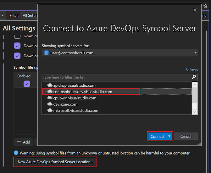 Screenshot, der zeigt, wie Sie einen neuen Azure DevOps Symbol Server-Speicherort in Visual Studio hinzufügen.