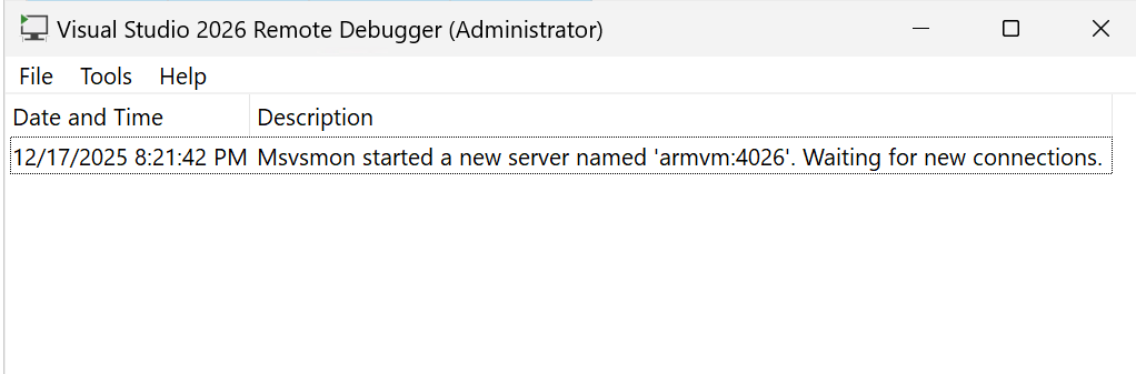 Screenshot des Remotedebuggerfensters für Visual Studio.