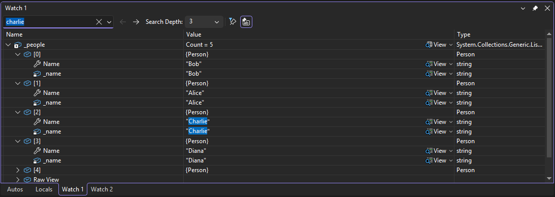 Screenshot, der eine Suche im Überwachungsfenster zeigt.