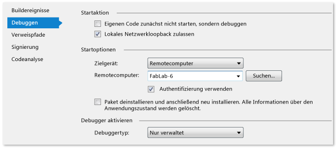 Eigenschaften verwalteter Projekte für das Remotedebugging