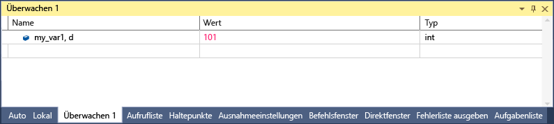 Screenshot des Visual Studio Watch-Fensters mit einer Zeile mit my_var1, d mit dem Wert 101 und einem Typ von Int.