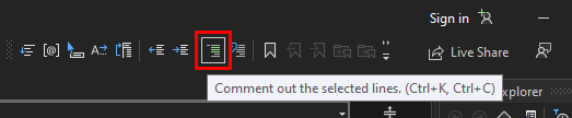 Screenshot: Schaltfläche „Auskommentieren“ auf der Text-Editor-Symbolleiste in Visual Studio&nbsp;2022
