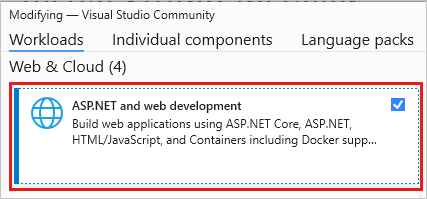 Screenshot zeigt das Ändern einer Arbeitsauslastung in Visual Studio Installer.