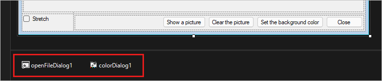 Screenshot zeigt die Dialogfeldkomponenten am unteren Rand des Designers