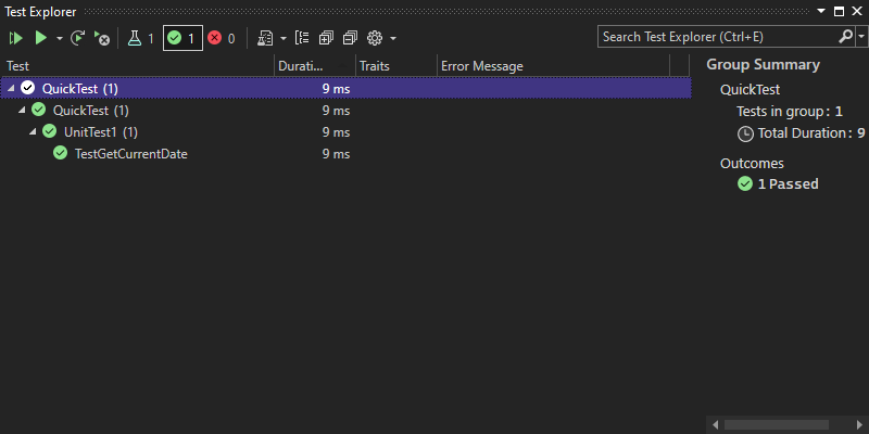 Screenshot, der den Test-Explorer mit einem bestandenen Test zeigt.