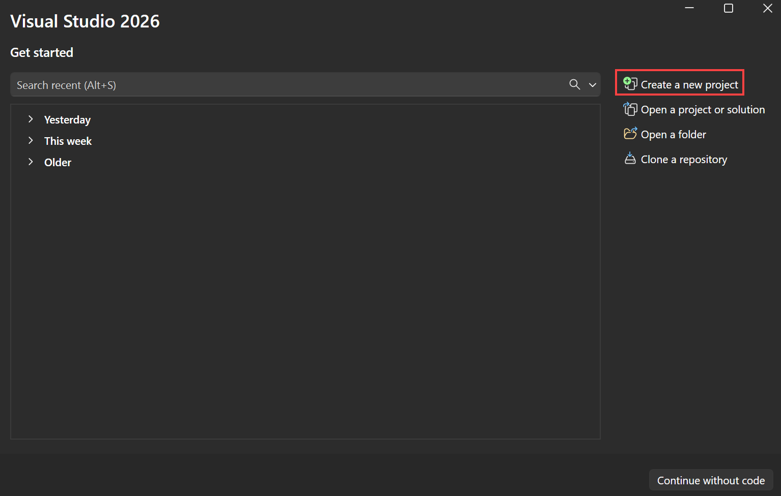 Screenshot des Visual Studio-Startfensters mit ausgewählter Option 