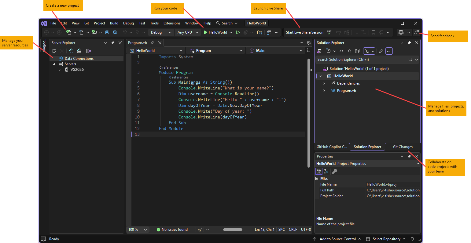 Screenshot des Visual Studio-IDE mit Visual Basic Code und Schlüsselfunktionalität.