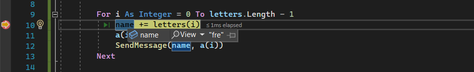 Screenshot mit beendeter Debugausführung im Code-Editor mit hervorgehobener Namensvariable und einem Datentipp mit dem Wert.